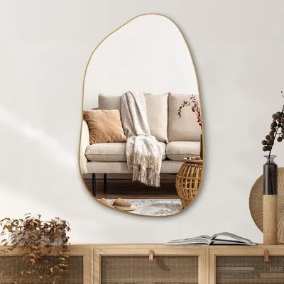 Image de Miroir mural asymétrique doré 85 x 52 cm, décoration moderne pour le salon, la salle de bains, la chambre à coucher et l'entrée