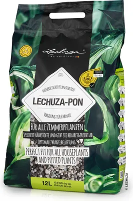 A bag of LECHUZA-PON plant substrate with green foliage in the background.