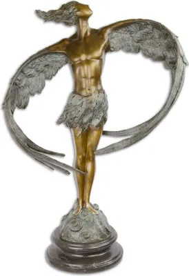 Produktbild von Casa Padrino Luxus Bronze Skulptur Mann mit Flügeln Bronze / Grau / Schwarz 52 x 24,1 x H. 77,6 cm - Bronzefigur mit Marmor Sockel