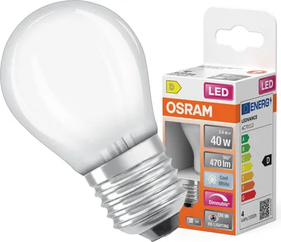Zdjęcie produktu dla Żarówka LED P45 Kulka E27 3.4W = 40W 470lm 4000K Neutralna CRI90 300° Filament Ściemnialna SUPERSTAR PLUS CLASSIC Osram