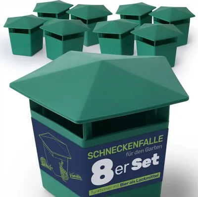 A set of green snail traps for a garden.