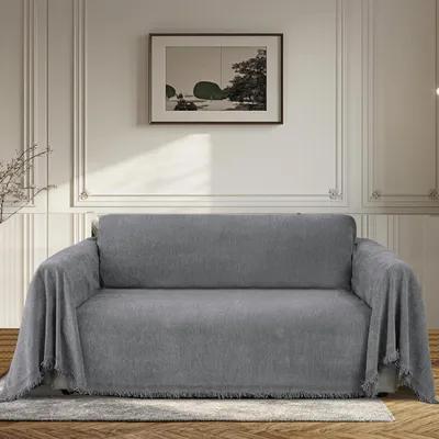 Zdjęcie produktu dla Pokrowiec na sofę, dwuosobowy, wodoodporny, odporny na zarysowania, możliwość prania, materiał: welur, kolor: szary, wymiary: 180 cm x 260 cm