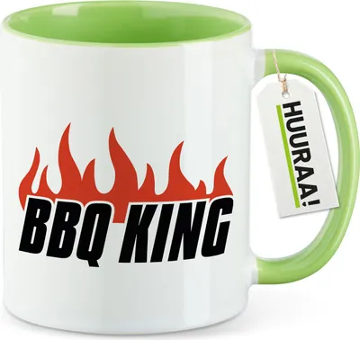 Produktbild von Huuraa Kaffeetasse BBQ King Flammen 330ml Grün Keramik Kaffeebecher Geschenkidee