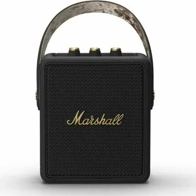 A black Marshall Stockwell II Bluetooth speaker with a gold logo and handle.