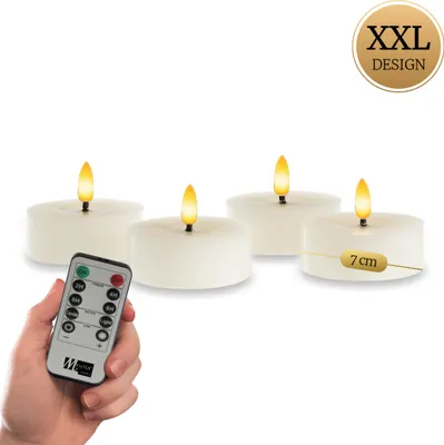 Produktbild von Meisterhome® XXL LED Teelichter 4er-Set – Flammenlose Kerzen aus echtem Wachs – Ø 7 cm, Höhe 3 cm – Warmweißes flackerndes Licht – Mit Timer & Fernbedienung – Batteriebetrieben, Farbe:Elfenbein