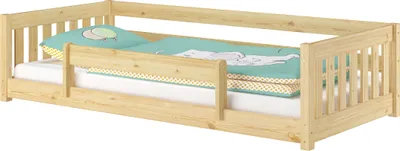 Produktbild von Niedriges Kinderbett Bodenbett 90x200 Kiefer massiv Zubehör wählbar V-60.28-09mit Kindersicherung und Rollrost inkl.