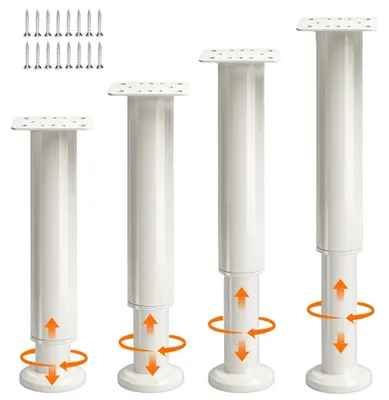 Immagine prodotto di 4 piedini regolabili per mobili, realizzati in metallo bianco, con altezza regolabile da 25 a 43 cm