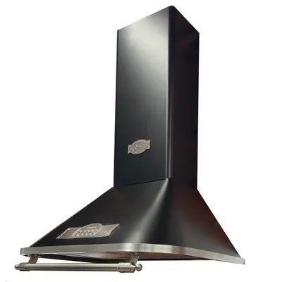 A black and silver range hood is shown against a white background.