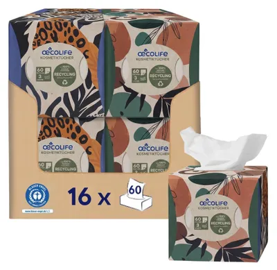 Produktbild von oecolife Kosmetiktücher 3lg., 100% Recycling, 16x60 Tücher/Box