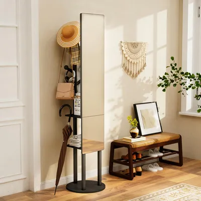 Obrázek produktu pro Celotělové zrcadlo Šatní skříň 174x40 cm Otočné o 360° Multifunkční věšák na oblečení s úložným prostorem Háčky Ložnice Černá