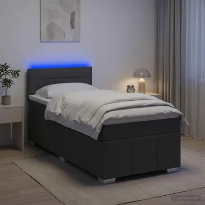 Image de Lit à lattes avec sommier intégré, matelas et éclairage LED, couleur gris foncé, dimensions 90 x 190 cm, revêtement en tissu