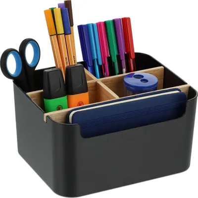 Zdjęcie produktu dla Organizer na biurko Relaxdays, 5 przegródek, tworzywo sztuczne i drewno, organizer łazienkowy, nowoczesny, wys. x szer. x gł.: 9,5 x 18 x 15 cm, czarny