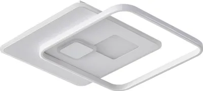 A white, modern LED ceiling light with a square design, shown from a diagonal angle against a white background.