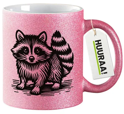 Produktbild von Huuraa Glitzertasse Waschbär Comic 330ml Pink Keramik Kaffeebecher Geschenkidee