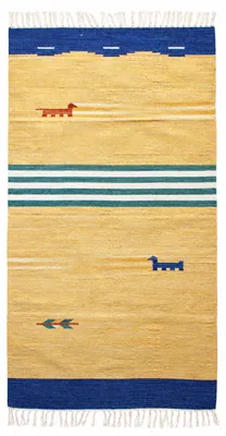 Produktbild von Dhurrie Teppich Gelb A8 Baumwolle Gabbeh ca160x090cm Handgewebt Fransen Nomaden