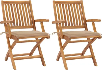 Produktbild von Gartenstühle 2 Stk. mit Beige Kissen Teak Massivholz