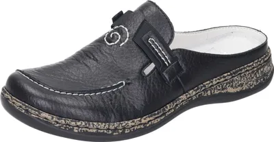 A black Rieker clog is shown from a side-angle on a white background.