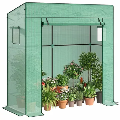 Produktbild von SUGIFT Foliengewächshaus Tomatengewächshaus mit Rolltor, Mesh-Fenster, Schrägdach, Stahl, Grün | 196 x 77 x 197 cm | 5 kg