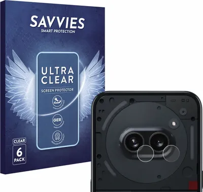 A product packaging box and a close-up of a phone's camera module with screen protectors.