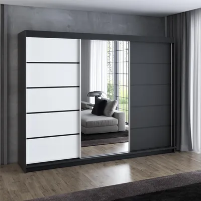 Produktbild von Schwebetürenschrank 200 cm, 3-türig, mit Spiegel & 4 Schubladen, Retro-Stil, Kleiderschrank VILUNO 2 in Schwarz / Weiß / Schwarz