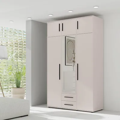 Produktbild von Schlafzimmer Kleiderschrank mit Aufsatzschrank, 150 cm breit, kaschmir mit schwarzen Griffen, 6 Türen & 2 Schubladen - MOLLERUSA-132