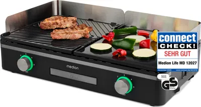 A Medion electric grill with food cooking on it, placed on a white background with marketing overlays.