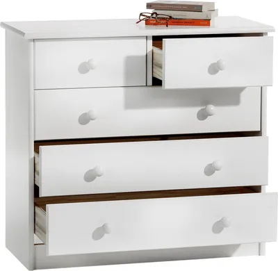 Produktbild von Kommode, schöne Anrichte mit 5 Schubladen, praktisches Sideboard aus massiver Kiefer in weiß, zeitlose Schubladenkommode mit Holzgriffe