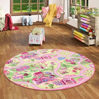 Produktbild von Kinder Spiel Teppich Girls Rosa Village Rund, Größe:100 cm Rund