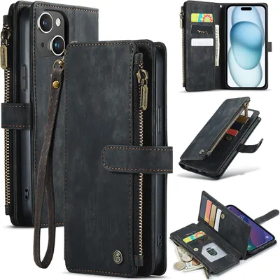 A collage of images showcasing an iPhone 15 wallet case from various angles, highlighting its features like card slots, zipper pocket, and stand function.