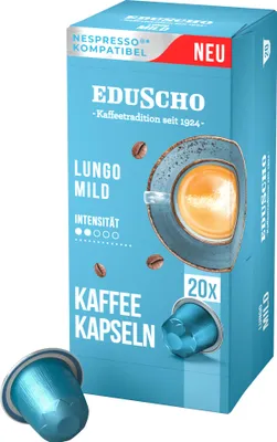 A box of coffee capsules with a cup of coffee and coffee beans depicted.