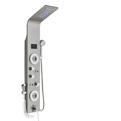 A modern stainless steel shower panel with LED lights and multiple spray functions.