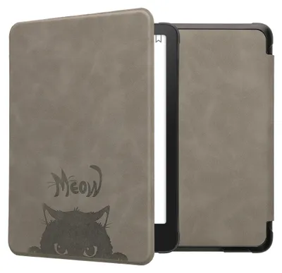 Produktbild von kwmobile Schutzhülle für Amazon Kindle Paperwhite (2024)/Colorsoft Hülle - eReader Case aus Kunstleder mit Auto Sleep Funktion - Katze Meow mit Grau