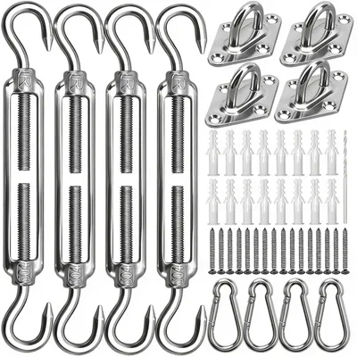 Imagen del producto de Kit de fijación para toldos, de acero inoxidable M6 de alta resistencia, que incluye ganchos de resorte y soportes de pared, para uso en