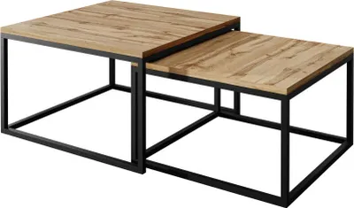 Two nesting coffee tables with wooden tops and black metal frames are shown against a white background.