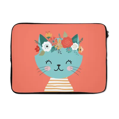 Produktbild von MuchoWow® Laptop Hülle 13 Zoll Katze - Blumen - Rosa Laptoptasche - Laptophülle - Sleeve - Rundumschutz