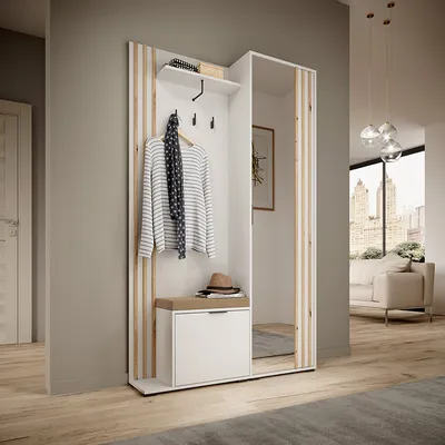 A modern hallway furniture set with a mirror, coat rack, and shoe cabinet.