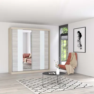 Produktbild von Schwebetürenschrank Kleiderschrank Schrank 203 cm Sonoma/Kathult mit Spiegel Lacobel Glaseinsatz und LED Multi 32