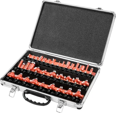 Produktbild von GRAPHITE Widia-Fräser, Gabelfräsern, Schaft 8 mm, Hartmetall (HM)-Einsatz, Satz mit 35 Stück, für Holz, Aluminiumkoffer, 13 U-Nut-Fräser, 6 gerade Fräser, 3 Formfräser, 3 Keilnutfräser, 10 Zierfräser