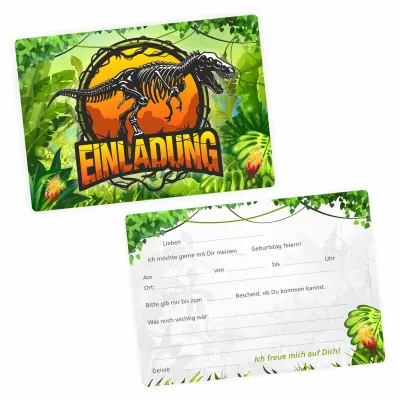 Produktbild von 10 Einladungskarten Dinosaurier T-Rex inkl. 10 transparenten Briefumschlägen