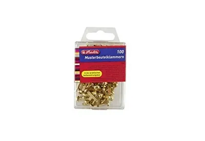 A clear, well-lit studio shot of a package of brass paper fasteners.
