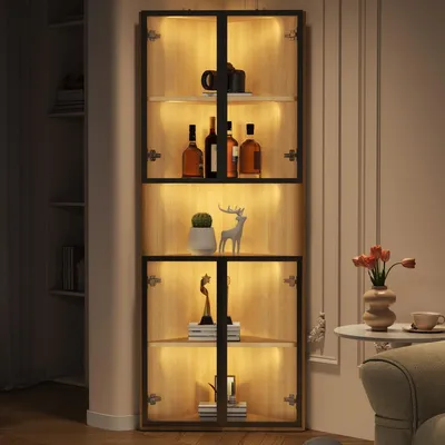 Produktbild von LED Glasvitrine 62x32x160 cm Staubdicht Gehärtetes Glas Integrierte Lichtleiste Eckvitrine Eckschrank Weinschrank Sammlungsvitrine Eiche