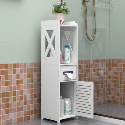 Obrázek produktu pro Úzká koupelnová skříňka, výška 80 cm, volně stojící, bílá