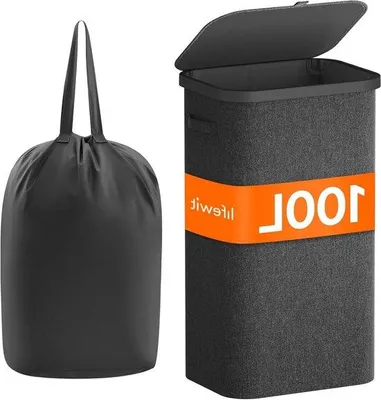 Zdjęcie produktu dla Składany kosz na pranie o pojemności 100 l z pokrywą, uchwytami z tworzywa sztucznego i wyjmowaną torbą – szary wózek do pralni, sypialni i łazienki