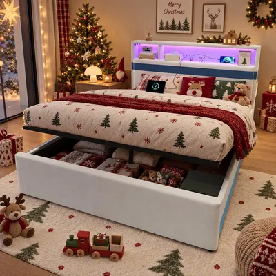 Image de Lit tapissier de 140 x 200 cm avec coffre à lattes hydraulique, tête de lit LED et ports USB, revêtement en velours blanc et bleu