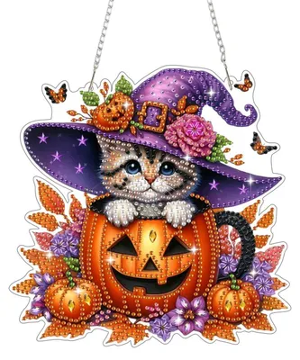 Image de Kit de loisirs créatifs pour adultes et enfants : pendentif "chat", motif "citrouille", décor de fenêtre, technique du diamant
