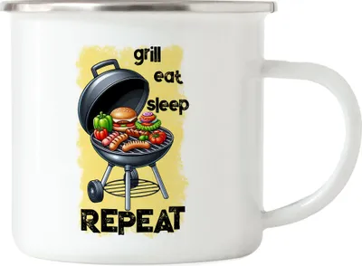 Produktbild von Grill Eat Sleep Repeat BBQ Grillen lustiges Grill Humor Emaille Tasse