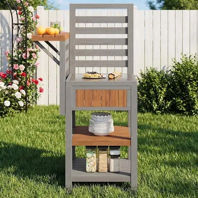 Productafbeelding van Tuinkast van hout, geschikt voor buitengebruik, weerbestendig – Opbergkast met groot werkblad van roestvrij staal en dubbele legplanken, grillstation met extra opbergruimte, weerbestendige keukenkast