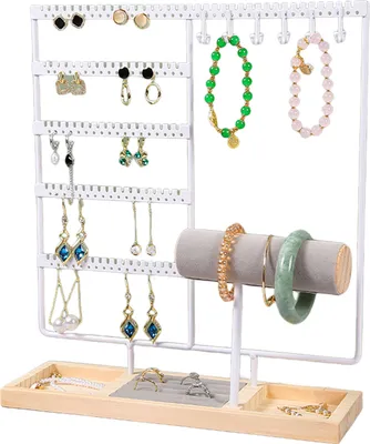 Produktbild von Schmuckaufbewahrungsregal, großer Schmuckständer, abnehmbarer Holzsockel, Halter für die Organisation von Armbändern, Halsketten, Uhren und Ohrringen, stabile Struktur, Schmuck-Organizer