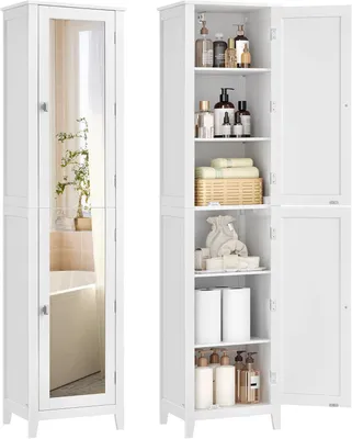 Productafbeelding van Badkamerkast met spiegel - Hoge kast met verstelbare planken - MDF - Voor badkamer woonkamer en gang