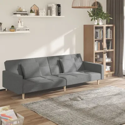 Immagine prodotto di Divano letto 2 posti con 2 cuscini, colore grigio chiaro, rivestito in tessuto